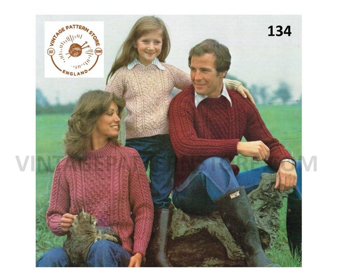 Family Ladies Womens Mens Boys Girls 80s crew neck cable cabled raglan aran sweater pdf knitting pattern 26" to 44" chest PDF download 134