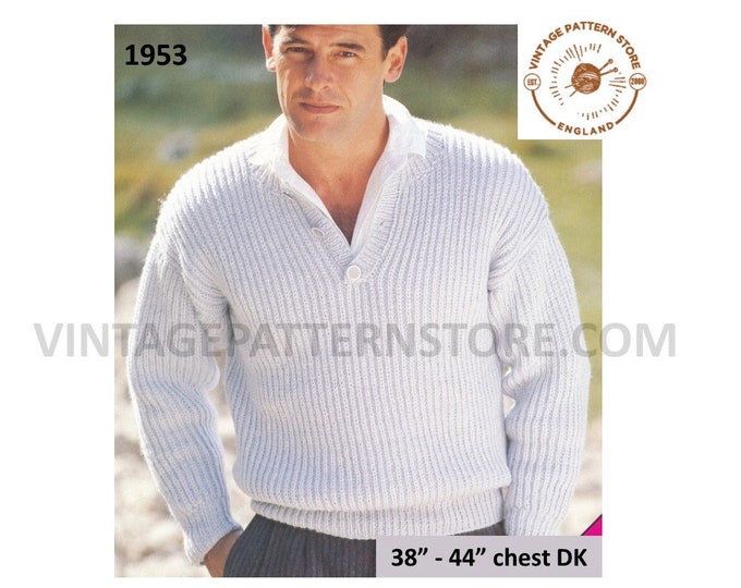 Mens Mans 90s quick easy to knit shirt neck ribbed drop shoulder dolman DK rib sweater jumper pdf knitting pattern 38" to 44" Download 1953