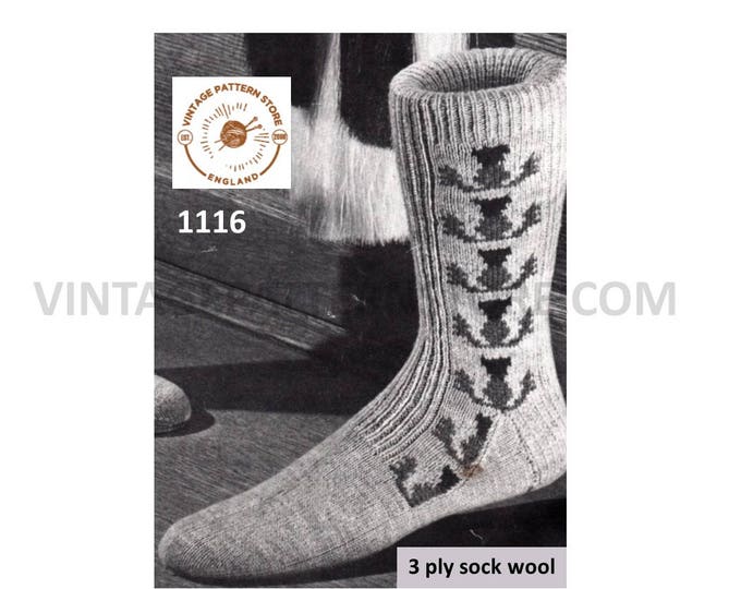 Mens Mans 50s vintage retro 3 ply Scottish thistle motif intarsia kilt socks pdf knitting pattern Instant PDF download 1116