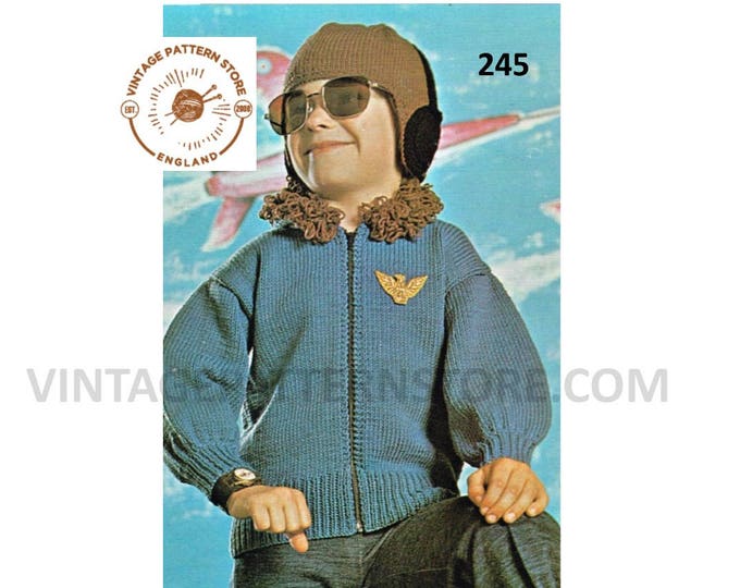 Boys 70s vintage fancy dress DK airforce airman World War II pilot costume RAF bomber jacket pdf knitting pattern 24" to 30" Download 245