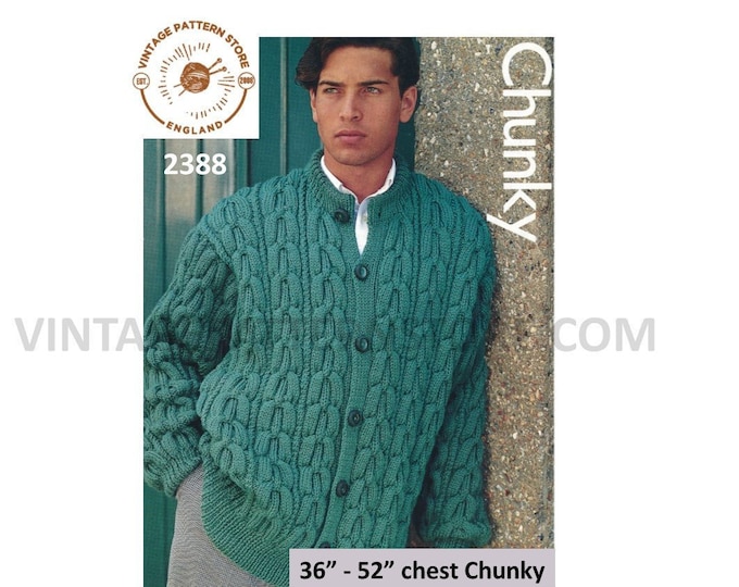 Mens Mans 90s chunky knit oversized plus size extra large drop shoulder cabled raglan cardigan pdf knitting pattern 36" to 52" Download 2388