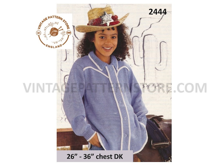 Girls 90s easy to knit DK round neck collared contrast edge dolman cardigan jacket pdf knitting pattern 26" to 36" chest PDF download 2444