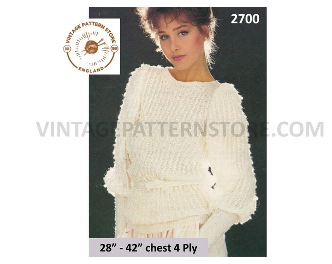 Ladies Womens 80s 4 ply round neck belted boxy shoulder cable rib cabled raglan sweater jumper pdf knitting pattern 28" to 42" Download 2700