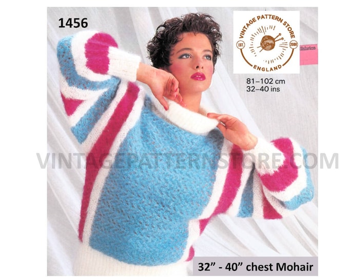 Ladies Womens 90s sideways knitted polo neck striped dolman mohair sweater jumper pdf knitting pattern 32" to 40" chest PDF download 1456