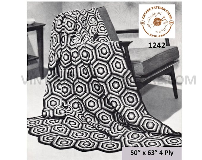 70s vintage easy to crochet 4 ply hexagonal motif afghan throw pdf crochet pattern 50" x 63" Instant PDF download 1242