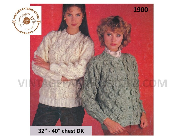 Ladies Womens 80s vintage crew neck leaf cable cabled DK raglan cardigan sweater jumper pdf knitting pattern 32" to 40" bust Download 1900