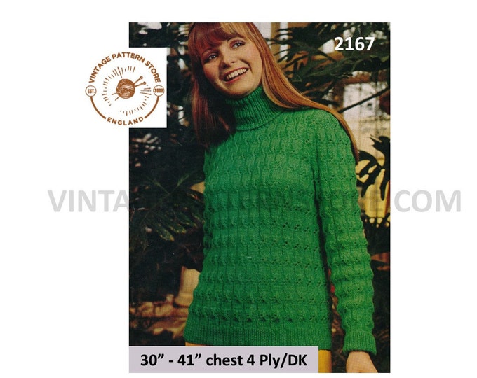 Ladies Womens 70s vintage 4 ply or DK turtleneck cable cabled raglan sweater jumper pdf knitting pattern 30" to 41" chest PDF download 2167