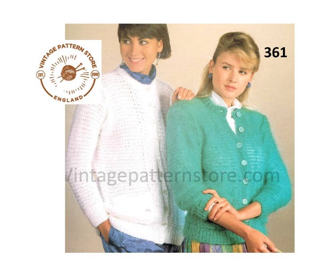 Ladies Womens 90s quick & easy to knit round neck mohair or chunky knit raglan cardigan pdf knitting pattern 30" to 40" chest Download 361