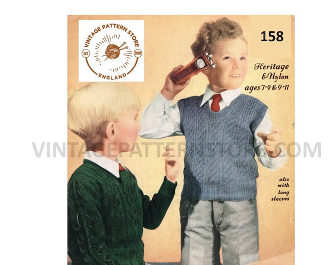 Boys 50s vintage V neck 3 ply sweater jumper & round neck sweater vest tank top pdf knitting pattern 26" to 30" chest PDF download 158