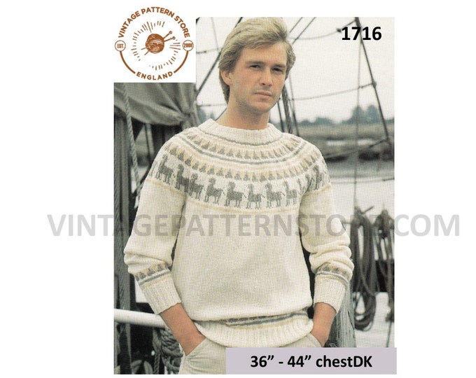 Mans Mens 80s vintage DK crew neck fair Isle yoke yoked raglan sweater jumper pdf knitting pattern 36" to 44" chest Instant download 1716