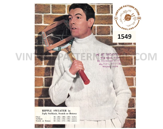 Mens Mans 50s vintage 3 ply funnel neck rib ribbed raglan sweater jumper pullover pdf knitting pattern 36" to 42" Instant PDF Download 1549