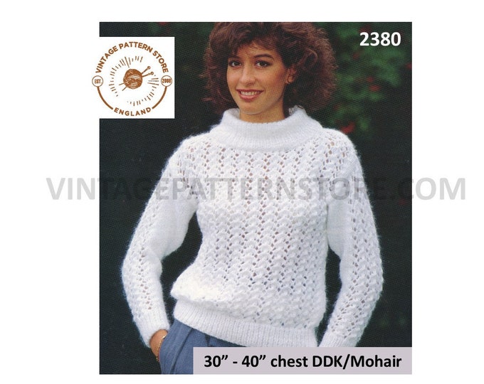 Ladies Womens 90s funnel neck lacy raglan drop shoulder DDK mohair sweater jumper pdf knitting pattern 30" to 40" chest PDF download 2380