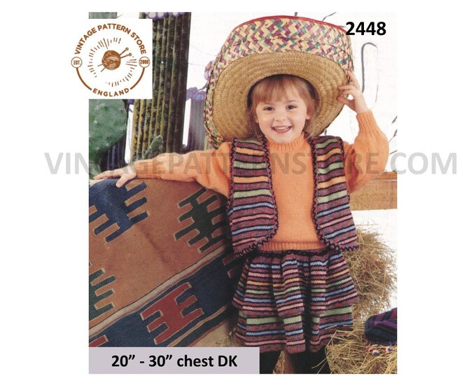Girls Toddlers 90s easy to knit DK crew neck sweater striped midi skirt & bolero pdf knitting pattern 20" to 30" chest PDF download 2448