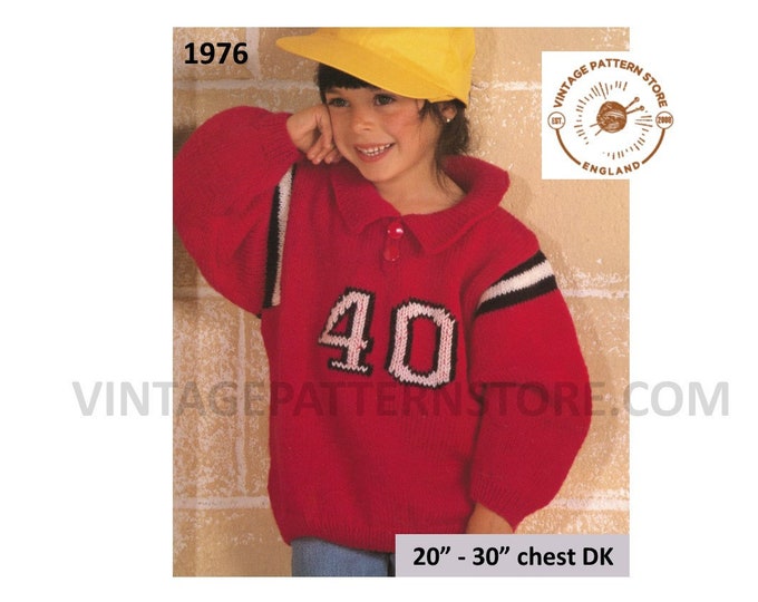 Boys 90s DK shirt neck collared drop shoulder number numbered dolman sweater jumper pdf knitting pattern 20" to 30" Instant Download 1976