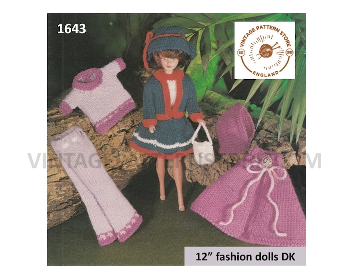 80s vintage 12" fashion Dolls Barbie Sindy clothes DK trousers cape hood jacket sweater and top pdf knitting pattern PDF Download 1643