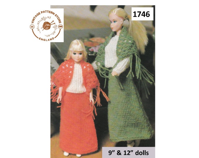 80s vintage 9" 12" Barbie Sindy fashion dolls clothes evening dress and shawl pdf knitting pattern Instant PDF download 1746