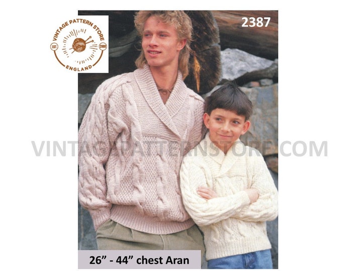 Mens Mans Boys 90s shawl collar cable and texture drop shoulder aran dolman sweater jumper pdf knitting pattern 26" to 44"  download 2387