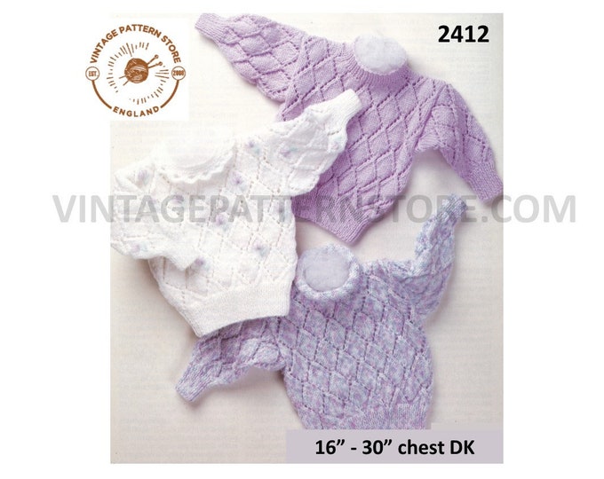 Girls Baby Babies 90s round neck eyelet lace DK lacy sweater jumper pullover pdf knitting pattern 16" to 30" chest Instant PDF download 2412