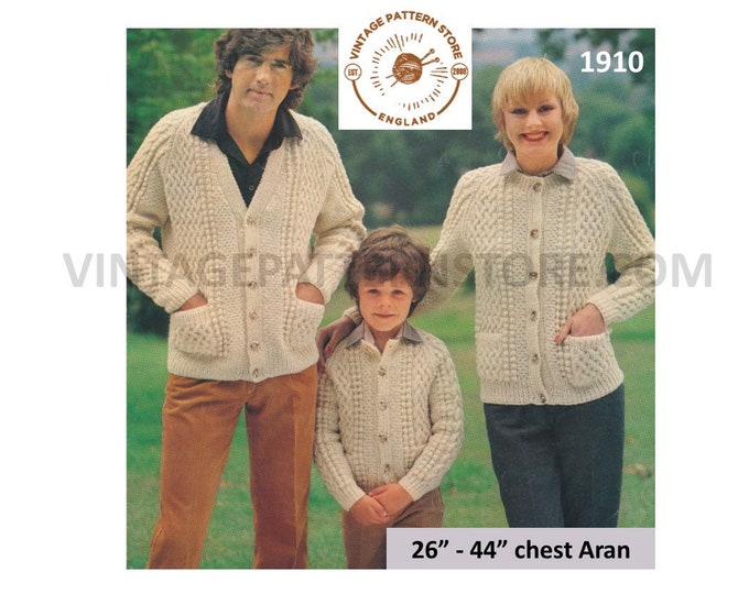 Ladies Womens Mens Boys Girls 80s cable cabled raglan aran family cardigan jacket pdf knitting pattern 26" to 44" chest PDF download 1910