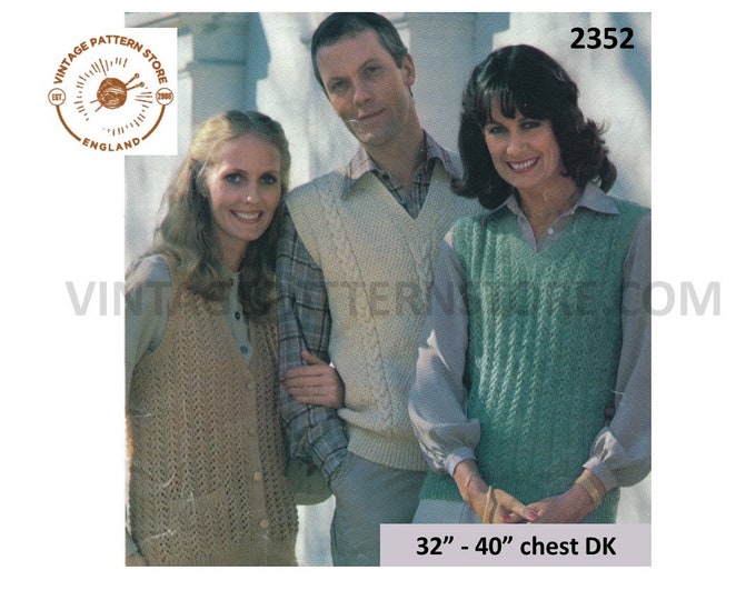 Ladies Womens Mens 80s easy to knit DK V neck cable slipover tank top sweater vest & waistcoat pdf knitting pattern 32" to 40" Download 2352