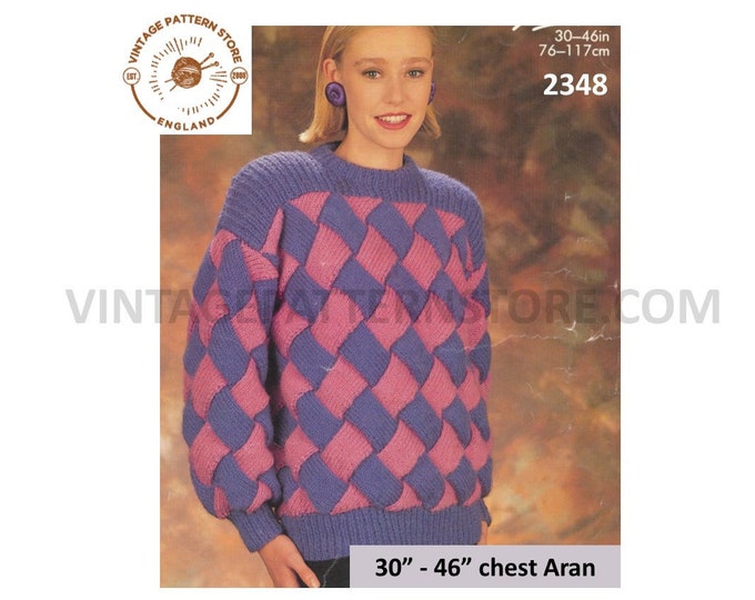 Womens Ladies 90s saddle shoulder drop shoulder enterlac dolman aran sweater jumper pdf knitting pattern 30" to 46" chest download 2348