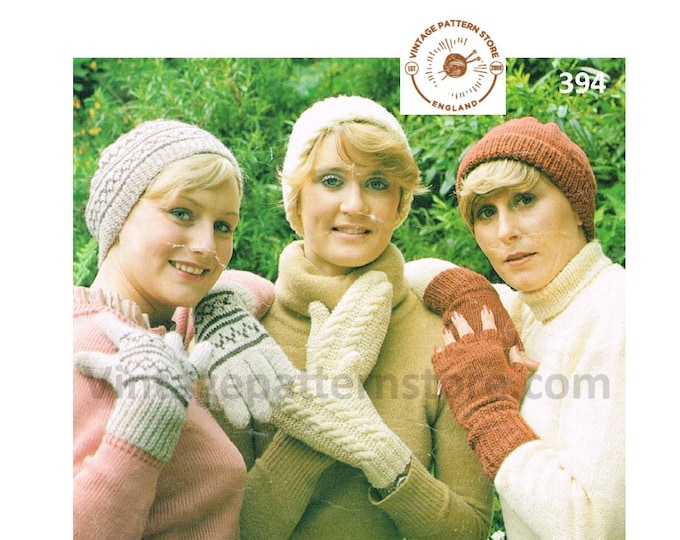 Ladies Womens 80s easy to knit fingerless fair isle and cable cabled DK toque hat & gloves pdf knitting pattern 7.5" palm Download 394