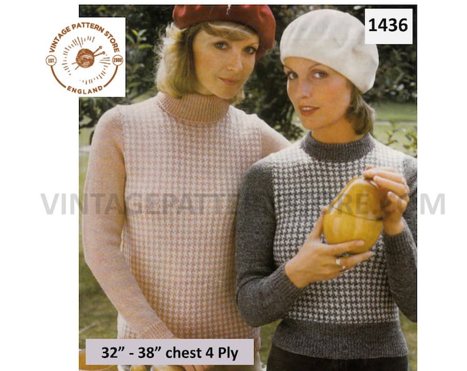 Ladies Womens 70s vintage turtleneck or crew neck houndstooth fair isle raglan sweater jumper pdf knitting pattern 32" to 38" Download 1436
