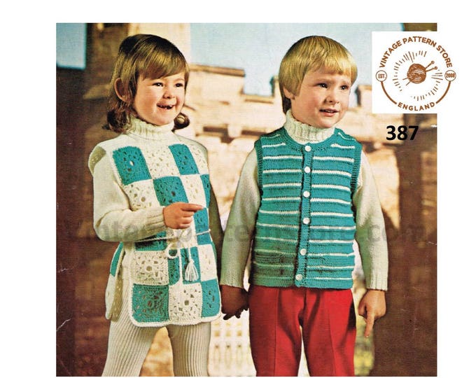 Boys Girls 70s vintage DK round neck striped waistcoat and belted motif tabard pdf crochet pattern 22" to 26" chest Instant PDF download 387