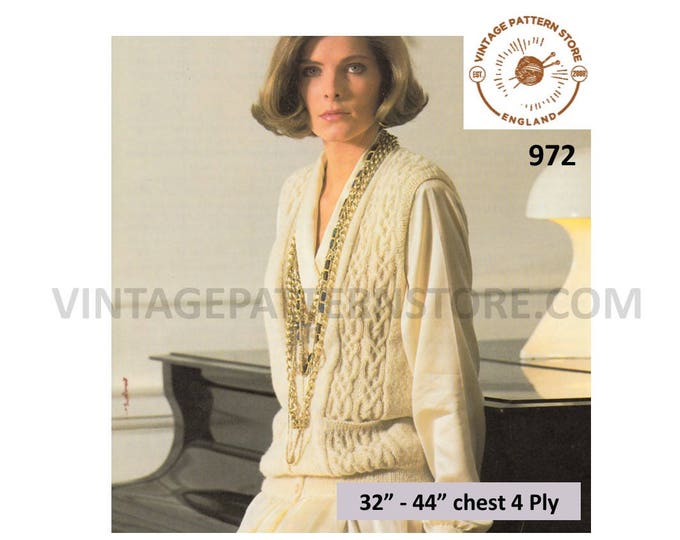 Ladies Womens 90s 4 ply Scottish celtic cabled cable panel V neck waistcoat pdf knitting pattern 32" to 44" chest Instant PDF download 972