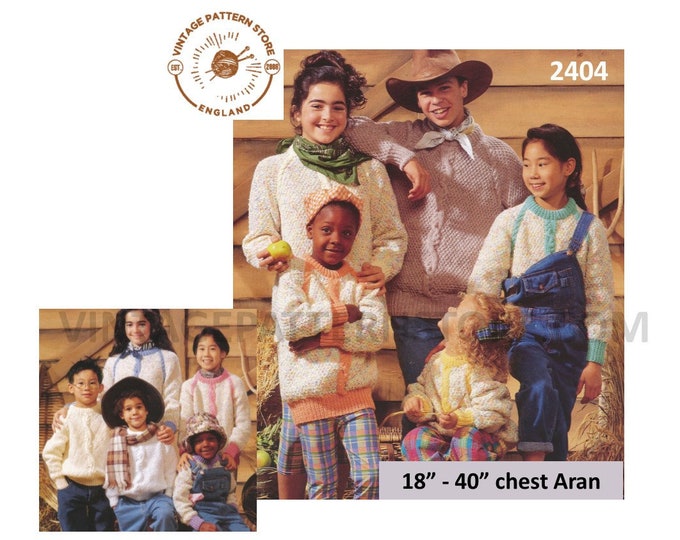 Ladies Womens Mens Boys Girls 90s family 2 colour texture & cable cabled raglan aran sweater pdf knitting pattern 18" to 40" Download 2404