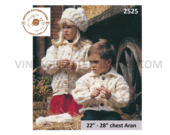 Boys Girls Toddlers 90s round neck cable cabled drop shoulder dolman aran jacket & beret hat pdf knitting pattern 22" to 28" Download 2525