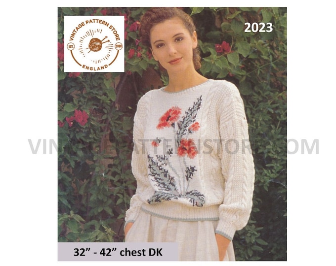 Ladies Womens 90s DK round neck floral intarsia cabled drop shoulder dolman sweater jumper pdf knitting pattern 32" to 42" PDF Download 2023
