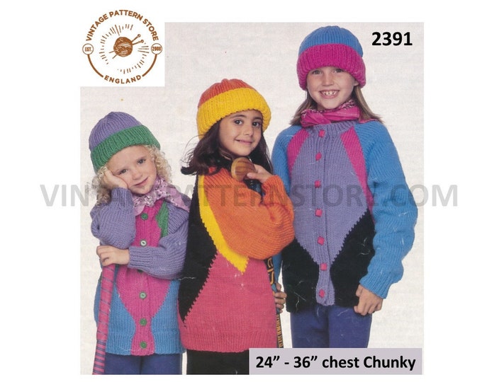 Girls Boys 90s colour blocked geometric chunky knit dolman jacket and hat pdf knitting pattern 24" to 36" chest Instant PDF download 2391