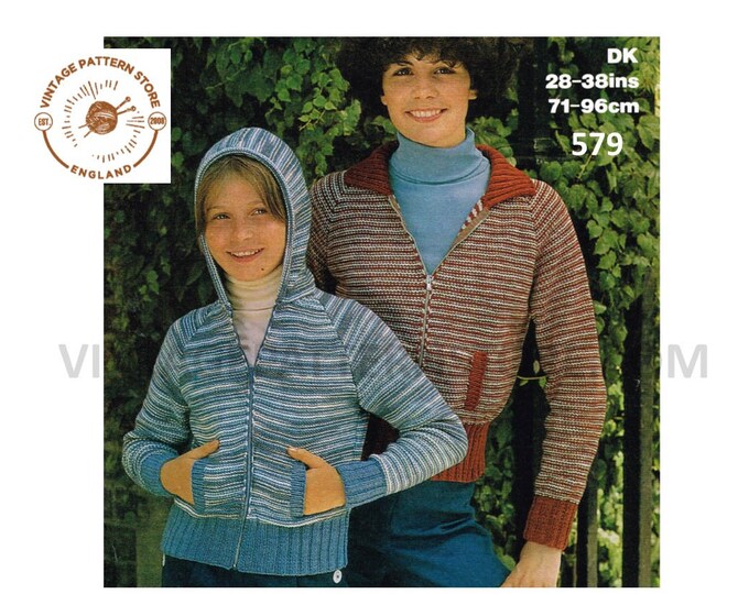 Ladies Womens Girls 70s vintage DK striped zipped zip up hoodie and round neck jacket pdf knitting pattern 28" to 38" chest PDF download 579