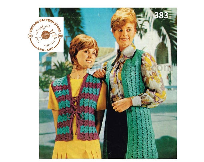 Ladies Womens 70s vintage DK V neck long & short open or tie front sleeveless cardigan waistcoat pdf crochet pattern 32" to 38" Download 383