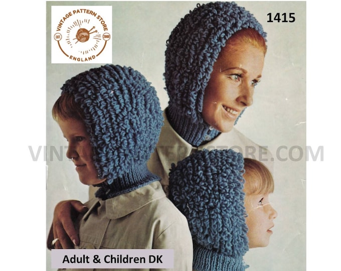 Ladies Womens Girls 70s vintage easy to knit loop stitch loopy DK balaclava bonnet pdf knitting pattern 3 years to adult PDF download 1415