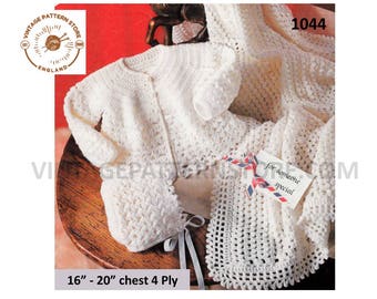 Baby Babies 80s vintage 4 ply lacy pram set layette shawl matinee coat jacket and bonnet pdf knitting pattern 16" to 20" chest Download 1044