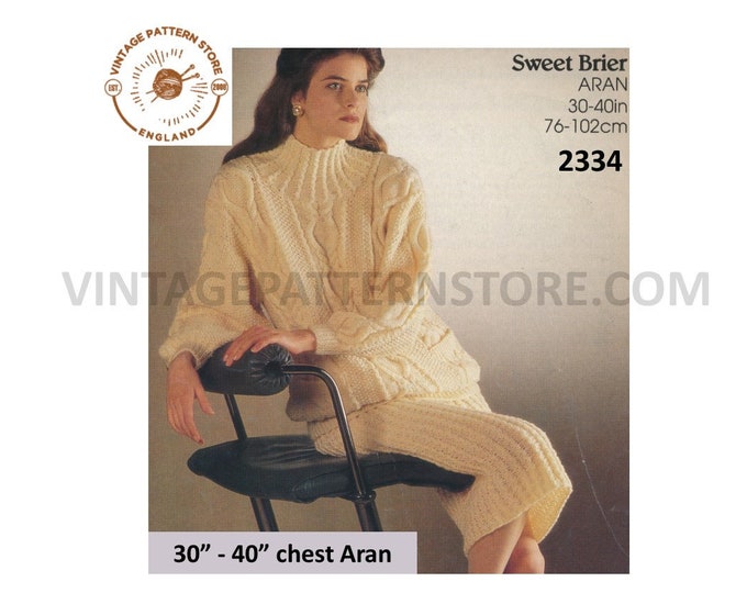 Ladies Womens 90s funnel neck cable cabled aran dolman sweater mini and calf length skirt pdf knitting pattern 30" to 40" PDF download 2334