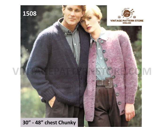 Ladies Womens Mens Mans easy to knit V and round neck chunky knit raglan cardigan pdf knitting pattern 30" to 48" chest PDF download 1508