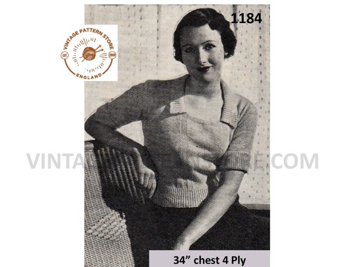 Ladies Womens 30s vintage 4 ply square neck collared short sleeve raglan Summer sweater jumper pdf knitting pattern 34" chest Download 1184