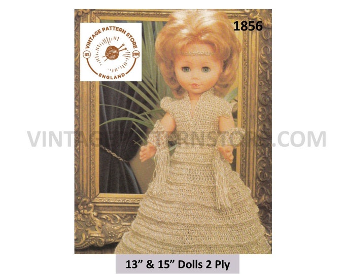 80s vintage 13" 15" 2 ply doll clothes sleeveless evening dress and stole wrap shawl pdf knitting pattern Instant PDF download 1856