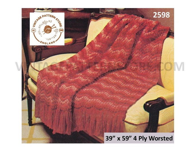 60s vintage retro 4 ply wavy striped fringed afghan throw pdf crochet pattern 39" by 59" Instant PDF download 2598