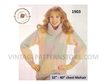 80s Mohair Cowl Neck Sweater Knitting Pattern, Dolman Sleeve (PDF Pattern) 32-40" Bust