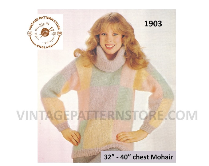 Ladies Womens 80s vintage cowl neck easy to knit check mohair dolman sweater jumper pdf knitting pattern 32" to 40" Download 1903
