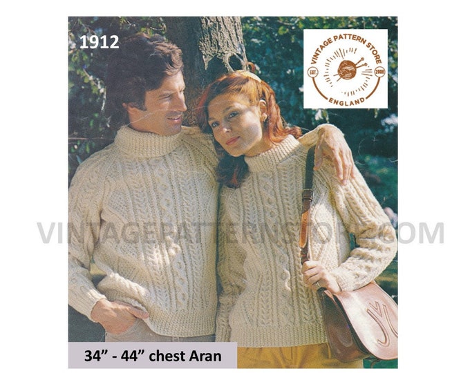 Ladies Womens Mens 80s vintage polo or crew neck cable cabled raglan aran sweater jumper pdf knitting pattern 34" to 44" PDF download 1912