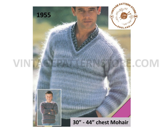 Mens Mans Boys 90s simple and easy to knit V neck dolman mohair sweater jumper pdf knitting pattern 30" to 44" chest Instant download 1955