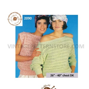 May include: Vintage knitting pattern for a green and pink sweater. The pattern is for sizes 26 to 40 inches chest and uses DK weight yarn. The pattern number is 2090.