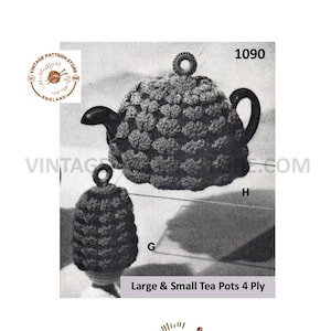 May include: Vintage crochet pattern for a large and small teapot cozy. The pattern is from the Vintage Pattern Store in England. The pattern number is 1090.