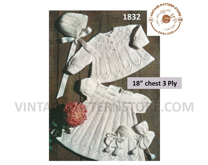 Baby Babies 80s 3 ply round neck short sleeve lacy raglan dress matinee coat bonnet & booties pdf knitting pattern 18" Chest Download 1832