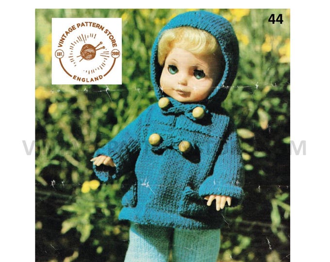 80s Vintage 10" 12" 14" 4 ply dolls clothes duffle coat hoodie hooded jacket pdf knitting pattern Instant PDF Download 44